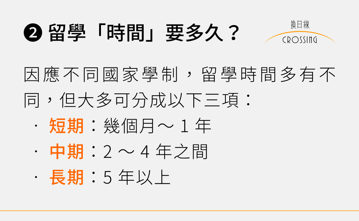 ❷ 留學「時間」要多久？
