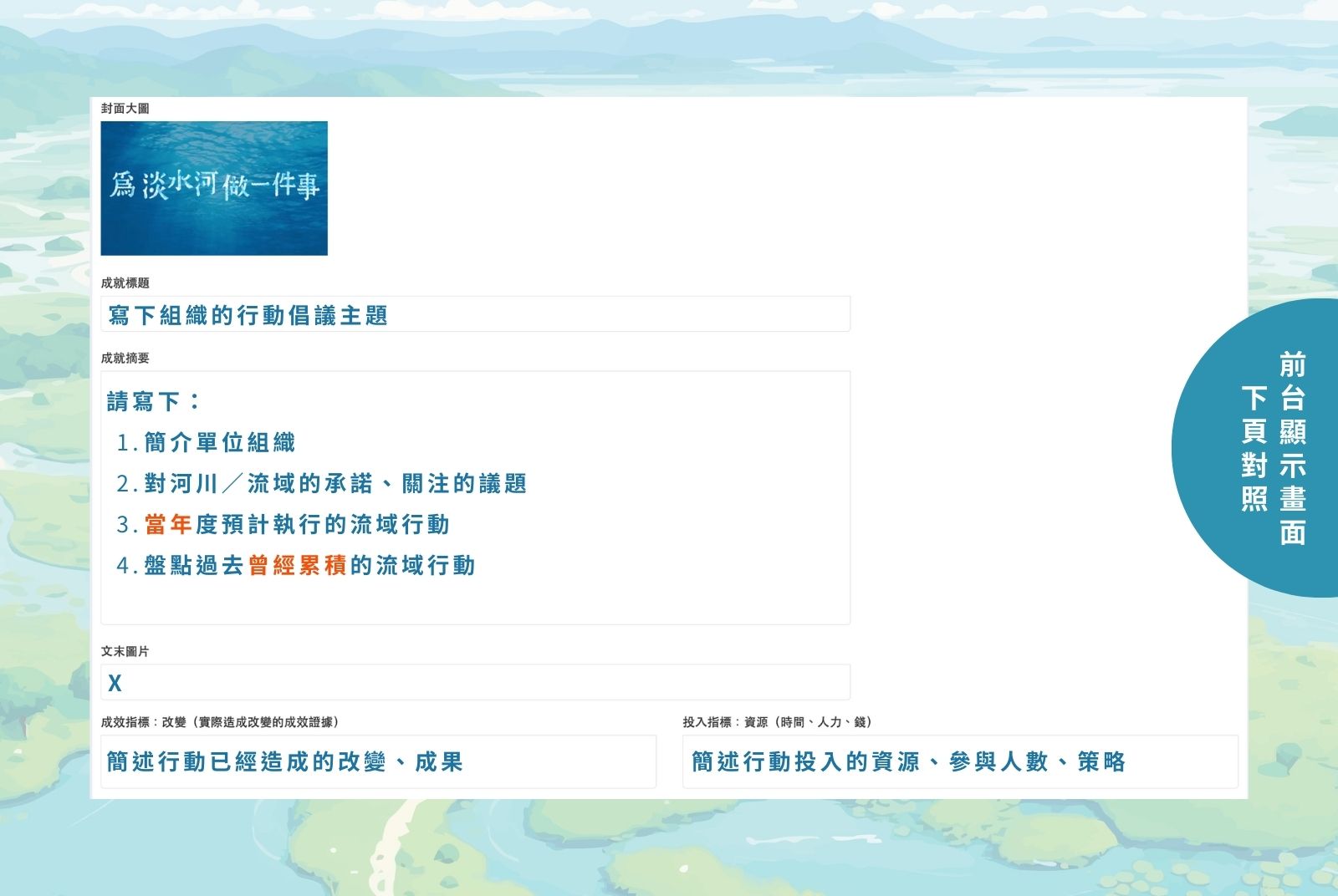 寫下組織對流域的承諾與累積行動。