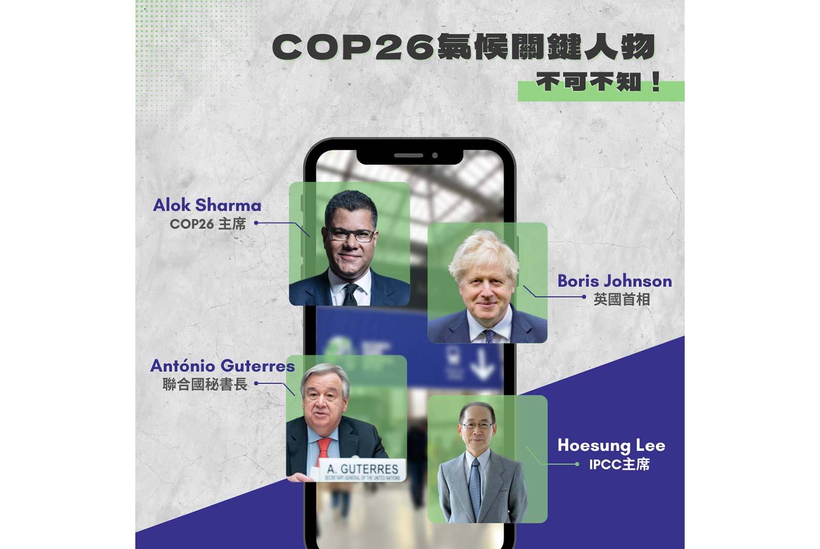 ►COP26主席阿洛克·夏爾馬
►英國首相鮑里斯·強森
►聯合國秘書長古特雷斯
►IPCC主席帕卓里